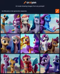 Size: 1144x1393 | Tagged: safe, craiyon, dall·e mini, derpibooru import, machine learning generated, seapony (g4), my little pony: a new generation, g5, image, not izzy moonbow, not princess skystar, not salmon, png, shoo be doo, wat