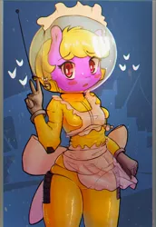 Size: 910x1320 | Tagged: safe, artist:mistleinn, derpibooru import, oc, oc:puppysmiles, anthro, pony, fallout equestria, blonde hair, clothes, female, hazmat suit, image, jpeg, peace sign, pink eyes, solo, uniform