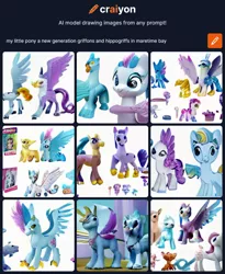 Size: 1144x1393 | Tagged: safe, craiyon, dall·e mini, derpibooru import, machine learning generated, classical hippogriff, gryphon, hippogriff, my little pony: a new generation, accessories, g5, image, maretime bay, not gallus, not salmon, not silverstream, not zipp storm, png, toy, wat