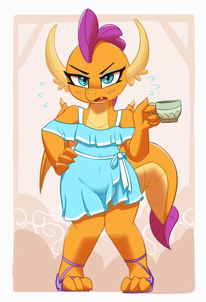 Size: 2289x3362 | Tagged: safe, artist:pabbley, derpibooru import, smolder, dragon, bare shoulders, blushing, clothes, cup, dragoness, dress, female, hand on hip, high res, image, jpeg, looking at you, sandals, smoldere, solo, sweat, teacup, tsundere, wide hips