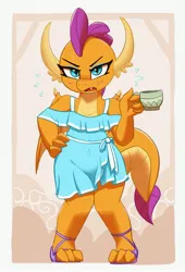 Size: 2289x3362 | Tagged: safe, artist:pabbley, derpibooru import, smolder, dragon, bare shoulders, blushing, clothes, cup, dragoness, dress, female, hand on hip, high res, image, jpeg, looking at you, sandals, smoldere, solo, sweat, teacup, tsundere, wide hips