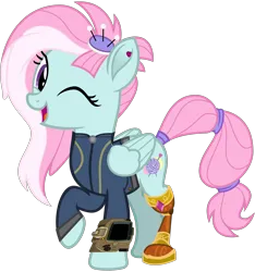 Size: 3000x3200 | Tagged: safe, artist:ponygamer2020, derpibooru import, kerfuffle, pegasus, pony, fallout equestria, rainbow roadtrip, amputee, clothes, cute, ear piercing, fallout, female, fufflebetes, image, jewelry, jumpsuit, mare, one eye closed, piercing, pincushion, pipboy, png, prosthetic leg, prosthetic limb, prosthetics, raised hoof, scar, scrunchie, show accurate, simple background, solo, tail, tail wrap, transparent background, vault suit, vector, vest, wink