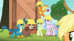 Size: 1248x702 | Tagged: safe, derpibooru import, screencap, applejack, gallus, ocellus, sandbar, silverstream, smolder, yona, changedling, changeling, classical hippogriff, dragon, earth pony, gryphon, hippogriff, pony, yak, clothes, cloven hooves, colored hooves, hard hat, hat, image, jewelry, necklace, offscreen character, png, student six