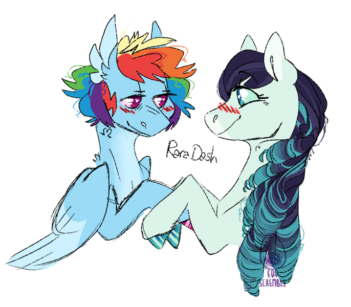 Size: 800x700 | Tagged: safe, artist:eqq_scremble, derpibooru import, coloratura, rainbow dash, earth pony, pegasus, blushing, bust, colored hooves, crack shipping, derpibooru exclusive, duo, female, heart, heart eyes, hoofsies, image, lesbian, png, portrait, raradash, shipping, short hair, simple background, smiling, tattoo, white background, wingding eyes
