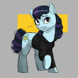 Size: 2654x2654 | Tagged: safe, artist:cadillacdynamite, derpibooru import, coloratura, earth pony, pony, clothes, countess coloratura, female, image, jpeg, looking at you, mare, raised hoof, raised leg, simple background, smiling, sweater