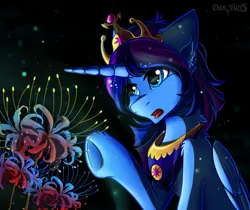 Size: 1889x1583 | Tagged: safe, artist:yuris, derpibooru import, blossom, oc, unofficial characters only, alicorn, pony, black background, blue skin, commission, crown, image, jewelry, male, open mouth, png, regalia, simple background, solo, ych result