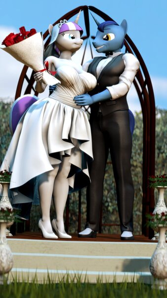 Size: 1080x1920 | Tagged: safe, artist:gunchapredsfm, derpibooru import, night light, twilight velvet, anthro, 3d, clothes, dress, female, image, jpeg, male, marriage, nightvelvet, shipping, source filmmaker, straight, wedding, wedding dress