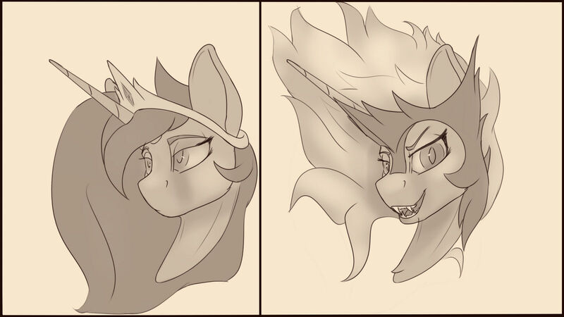 Size: 1600x900 | Tagged: safe, artist:tenebrisnoctus, derpibooru import, daybreaker, princess celestia, alicorn, pony, armor, bust, crown, duality, evil grin, female, grin, image, jewelry, jpeg, mane of fire, mare, monochrome, portrait, regalia, sharp teeth, smiling, solo, teeth