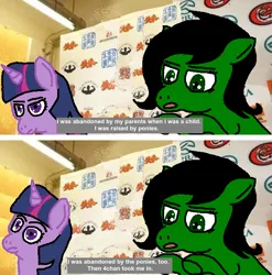 Size: 598x606 | Tagged: safe, anonymous artist, twilight sparkle, oc, oc:anonfilly, earth pony, unicorn, /mlp/, 4chan, caption, drawthread, female, image, image macro, japan, meme, png, ponified meme, requested art, ryusuki taguchi, silly, subtitles, text, the masked horse, wrasslin, wrestler