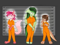 Size: 1280x963 | Tagged: safe, artist:jikatsu95, derpibooru import, oc, oc:eden shallowleaf, unofficial characters only, anthro, fox, otter, anthro oc, bound wings, chained, clothes, commission, cuffs, furry, furry oc, handcuffed, image, jpeg, jumpsuit, line-up, prison outfit, varying degrees of want, wings