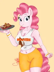 Size: 1536x2048 | Tagged: suggestive, artist:cjv2004, derpibooru import, pinkie pie, anthro, earth pony, breasts, busty pinkie pie, clothes, empanada, food, hooters, image, png, uniform