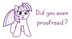 Size: 1096x605 | Tagged: safe, artist:purblehoers, derpibooru import, twilight sparkle, pony, unicorn, angry, female, image, looking at you, mare, ms paint, open mouth, png, question, reaction image, simple background, solo, text, unicorn twilight, white background