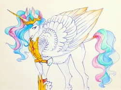 Size: 3000x2224 | Tagged: safe, artist:heavenart0, derpibooru import, princess celestia, alicorn, pony, armor, colored wings, colored wingtips, crown, feathered fetlocks, female, hair over one eye, image, jewelry, jpeg, leonine tail, mare, peytral, redesign, regalia, shin guards, simple background, solo, tail, traditional art, wings