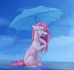 Size: 1280x1208 | Tagged: safe, artist:xzjeep, derpibooru import, pinkie pie, earth pony, pony, female, image, jpeg, mare, pinkamena diane pie, rain, sad, signature, sitting, solo, umbrella, wet