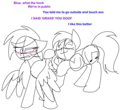 Size: 4300x3900 | Tagged: safe, artist:feather_bloom, derpibooru import, oc, oc:blueskies, oc:featherbloom, unofficial characters only, butt touch, butthug, couple, dialogue, funny, hug, image, png, simple background, white background