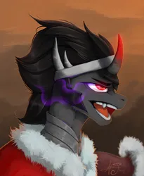 Size: 900x1095 | Tagged: safe, artist:xzjeep, derpibooru import, king sombra, pony, umbrum, unicorn, bust, cape, clothes, glow, glowing horn, horn, image, jpeg, male, open mouth, portrait, signature, solo, sombra eyes, stallion, wind, windswept mane