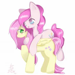 Size: 2048x2048 | Tagged: safe, artist:ppledik, derpibooru import, fluttershy, pinkie pie, earth pony, pegasus, pony, blushing, cute, diapinkes, duo, female, hug, image, implied flutterpie, jpeg, mare, shyabetes, signature, simple background, white background