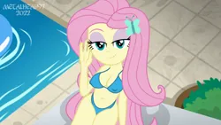 Size: 1280x720 | Tagged: suggestive, artist:metalhead97, derpibooru import, fluttershy, equestria girls, equestria girls series, bedroom eyes, big breasts, bikini, bikini bottom, bikini top, breasts, busty fluttershy, cameltoe, clothes, erect nipples, female, high angle, image, legs, lidded eyes, looking at you, looking up, makeup, nipple outline, plant, png, pool toy, poolside, pose, posing for photo, presenting, sfw version, show accurate, smiling, smirk, solo, solo female, swimming pool, swimsuit