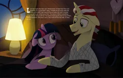 Size: 4096x2602 | Tagged: safe, artist:bearmation, derpibooru import, flim, twilight sparkle, pony, unicorn, alternate universe, bed, clothes, female, floppy ears, golden oaks library, image, jpeg, library, looking at each other, looking at someone, male, mare, on bed, pajamas, shipping, stallion, story included, straight, text, twiflim, unicorn twilight