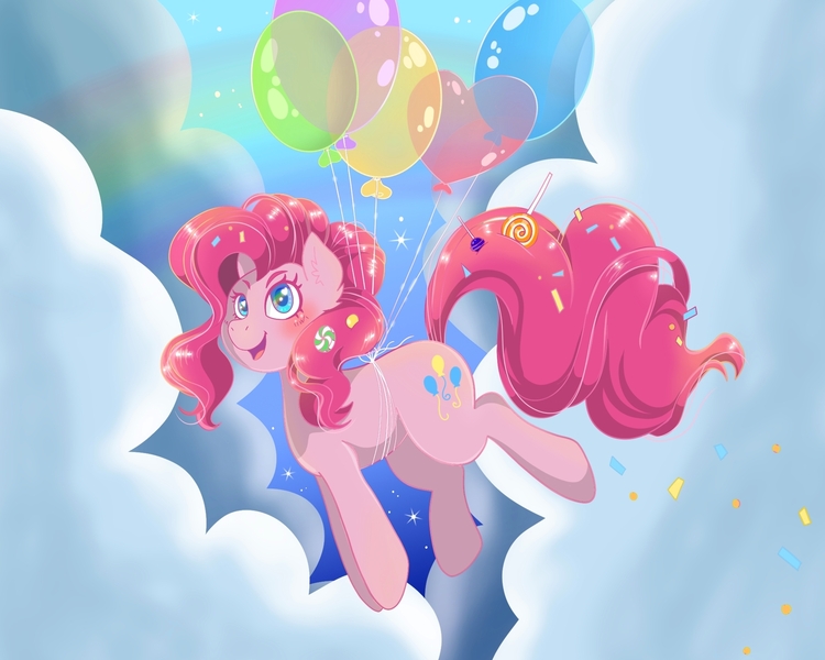 Size: 2000x1600 | Tagged: safe, artist:phoenixfox96, derpibooru import, pinkie pie, earth pony, pony, balloon, candy, cloud, female, floating, food, image, jpeg, lollipop, mare, rainbow, solo, then watch her balloons lift her up to the sky