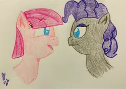 Size: 4032x2850 | Tagged: safe, artist:jesslmc16, derpibooru import, maud pie, pinkie pie, earth pony, pony, alternate hairstyle, colored pencil drawing, drawing, head only, image, jpeg, looking at each other, looking at someone, mane swap, maudie pie, pinkamena diane pie, traditional art