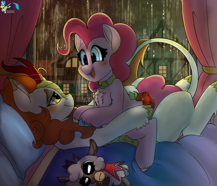 Size: 3500x3000 | Tagged: safe, artist:brainiac, derpibooru import, autumn blaze, pinkie pie, kirin, pony, autumnpie, collar, controller, cuddling, cult of the lamb, cute, female, image, lesbian, mare, plushie, png, shipping, xbox controller