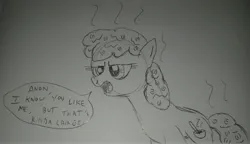 Size: 4036x2319 | Tagged: safe, anonymous artist, derpibooru import, oc, oc:oatmeal, earth pony, pony, 4chan, dialogue, female, food, image, jpeg, mare, monochrome, oatmeal, oats, open mouth, pencil drawing, traditional art, unamused