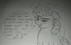 Size: 3888x2475 | Tagged: safe, anonymous artist, derpibooru import, oc, oc:oatmeal, earth pony, pony, 4chan, blushing, confused, dialogue, female, food, heart, image, jpeg, looking at you, mare, monochrome, oatmeal, oats, open mouth, pencil drawing, traditional art