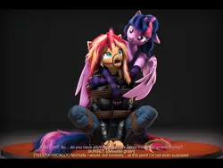 Size: 7200x5400 | Tagged: suggestive, artist:imafutureguitarhero, derpibooru import, sci-twi, sunset shimmer, twilight sparkle, twilight sparkle (alicorn), alicorn, anthro, pony, unguligrade anthro, unicorn, 3d, 4:3, absurd file size, absurd resolution, arm fluff, arms tied, bdsm, black bars, bondage, boots, cheek fluff, chest freckles, chromatic aberration, clothes, cloven hooves, collar, colored eyebrows, colored eyelashes, cute, denim, derpibooru exclusive, descriptive noise, dialogue, drool, drool string, duo, ear fluff, ear freckles, evening gloves, female, femsub, film grain, fingerless elbow gloves, fingerless gloves, floppy ears, fluffy, fluffy hair, fluffy mane, fluffy tail, freckles, frogtie, fur, gag, gloves, glow, glowing horn, groan, hands together, harness gag, harness ring gag, horn, hug, hug from behind, image, jacket, jeans, jpeg, kneeling, leash, leather, leather boots, leather jacket, leather shoes, legs tied, lesbian, long gloves, looking at each other, looking at someone, magic, magic aura, mare, multicolored hair, multicolored mane, multicolored tail, nose wrinkle, one ear down, open mouth, paintover, pants, partially open wings, peppered bacon, restrained, revamped anthros, revamped ponies, ring gag, rope, rope bondage, ropes, scitwilicorn, shipping, shoes, shorts, shoulder fluff, shoulder freckles, signature, smiling, socks, source filmmaker, squatting, striped gloves, striped socks, striped stockings, submissive, subset, subtitles, sunset shimmer is not amused, sunsetsparkle, tack, tail, tanktop, telepathy, text, tied hands, tied up, tongue out, unamused, unshorn fetlocks, varying degrees of amusement, wall of tags, wings