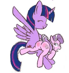 Size: 281x294 | Tagged: safe, derpibooru import, diamond tiara, twilight sparkle, alicorn, earth pony, pony, discipline, duo, eyes closed, female, filly, foal, image, jpeg, mare, open mouth, over the knee, punishment, simple background, smiling, spank mark, spanking, surprised, white background