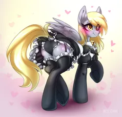 Size: 4998x4806 | Tagged: questionable, artist:rico_chan, derpibooru import, derpy hooves, pegasus, pony, bell, blurry background, cat bell, clothes, dress, female, frog (hoof), heart, image, maid, mare, panties, png, shy, smiling, socks, solo, stockings, thigh highs, underhoof, underwear