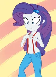 Size: 722x979 | Tagged: suggestive, artist:calmbreezes, derpibooru import, rarity, equestria girls, belly button, clothes, covering, covering breasts, denim, female, image, jeans, nudity, pants, partial nudity, png, solo, solo female, suspenders, topless