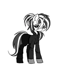 Size: 1878x2130 | Tagged: safe, artist:menalia, derpibooru import, oc, oc:freezy coldres, unofficial characters only, pony, unicorn, belt, clothes, female, gloves, horn, image, manga, manga style, mare, pants, png, ponytail, sad, screentone, shirt, shoes, simple background, solo, white background