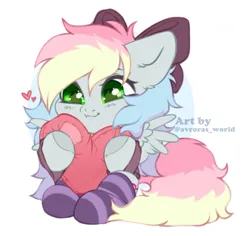 Size: 900x850 | Tagged: safe, artist:avroras_world, derpibooru import, oc, oc:blazey sketch, unofficial characters only, blushing, bow, chibi, clothes, commission, green eyes, grey fur, hair bow, heart, image, multicolored hair, png, simple background, small wings, smiling, socks, solo, sweater, wings, ych result