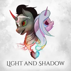 Size: 1920x1920 | Tagged: safe, artist:vitaj, derpibooru import, idw, king sombra, radiant hope, pony, unicorn, abstract background, album cover, bust, crying, crystal heart, duo, image, jpeg, portrait