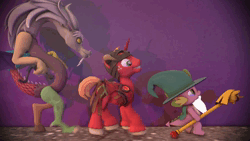 Size: 1920x1080 | Tagged: safe, artist:olkategrin, derpibooru import, big macintosh, discord, spike, draconequus, earth pony, pony, unicorn, dungeons and discords, 3d, animated, archer, beard, bow (weapon), cloak, clothes, dr. livesey walk, facial hair, hat, helmet, hooves, horn, image, long hair, mage, meme, onomatopoeia, parody, parody of a parody, scepter, simple background, skyrim, sound, sound effects, source filmmaker, the elder scrolls, treasure island, trio, twilight scepter, walk cycle, walking, webm