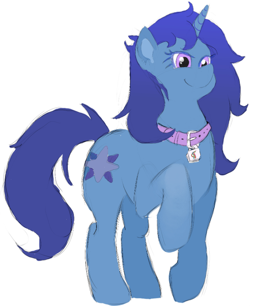 Size: 735x840 | Tagged: safe, artist:bagetnik, derpibooru import, oc, oc:delly, unofficial characters only, pony, unicorn, collar, commission, female, image, mare, png, raised hoof, simple background, smiling, solo, white background