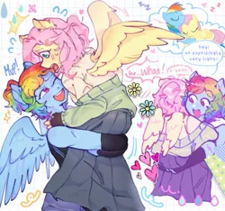 Size: 1376x1289 | Tagged: safe, artist:aj2020ahgd, derpibooru import, fluttershy, rainbow dash, anthro, dialogue, female, flutterdash, happy, image, jpeg, lesbian, nervous, one eye closed, shipping, smiling, spread wings, sweat, wings