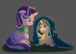 Size: 1280x922 | Tagged: safe, artist:bearmation, derpibooru import, starlight glimmer, oc, oc:rayburst, pony, unicorn, cloak, clothes, colt, duo, female, foal, gray background, image, male, mare, mother and child, mother and son, offspring, parent:starlight glimmer, parent:sunburst, parents:starburst, png, simple background, sunburst's cloak