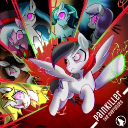 Size: 2000x2000 | Tagged: dead source, safe, artist:renokim, derpibooru import, oc, oc:wavebud, oc:xavi, unofficial characters only, pegasus, pony, unicorn, album cover, flying, hat, image, necktie, pink eyes, png, shattered glass, top hat, wide eyes