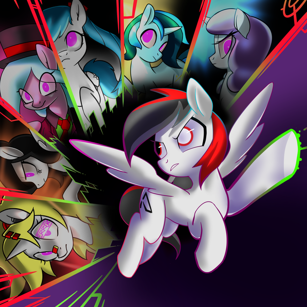 Size: 2000x2000 | Tagged: safe, artist:renokim, derpibooru import, oc, oc:wavebud, oc:xavi, unofficial characters only, pegasus, pony, unicorn, flying, hat, image, necktie, pink eyes, png, shattered glass, top hat, wide eyes