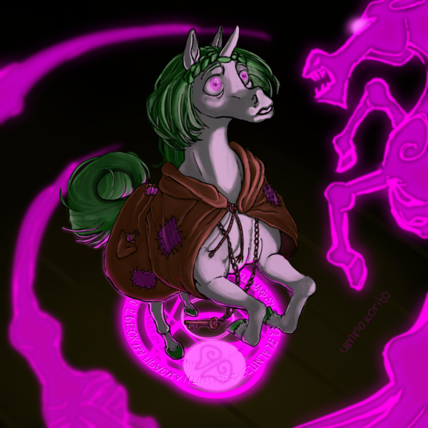 Size: 1080x1080 | Tagged: safe, artist:umnokorito, derpibooru import, clover the clever, pony, unicorn, windigo, braid, clip studio paint, clover the clever's cloak, colored hooves, cutie mark eyes, digital art, eyebrows, female, glow, glowing eyes, green hair, green mane, highlights, hoers, hooves, image, jewelry, key, keychain, magic, magic circle, mare, necklace, peasant, pentagram, pink eyes, png, prophecy, rags, raised hoof, raised hooves, rearing, semi-realistic, short hair, stitches, vision, white coat, wingding eyes