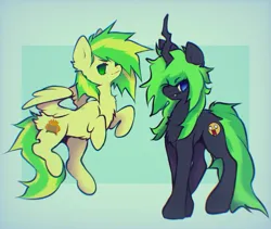 Size: 1623x1371 | Tagged: safe, artist:saberkitty666, derpibooru import, oc, oc:wooden toaster, unofficial characters only, changeling, pegasus, pony, unicorn, cutie mark, duo, fanart, fangs, green hair, green tail, horn, image, jpeg, tail, teeth, yellow fur