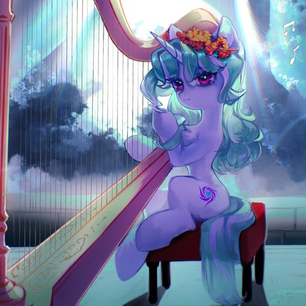 Size: 2048x2048 | Tagged: safe, artist:tingsan, derpibooru import, oc, unofficial characters only, pony, unicorn, cloud, ears, ears up, female, flower, flower in hair, harp, horn, image, jpeg, looking at you, mane, mare, musical instrument, red eyes, sitting, smiling, smiling at you, solo, tail