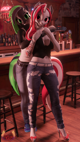 Size: 4320x7680 | Tagged: safe, artist:loveslove, derpibooru import, oc, oc:lovers, unofficial characters only, anthro, bat pony, bat pony unicorn, hybrid, plantigrade anthro, unicorn, 3d, absurd file size, absurd resolution, alcohol, bar, bat ears, bat pony oc, bat wings, belly button, breasts, busty oc, clothes, denim, duo, duo female, female, high heels, horn, hug, image, jeans, looking at you, nail polish, pants, png, shirt, shoes, smiling, smiling at you, sneakers, tail, tattoo, toenail polish, wings