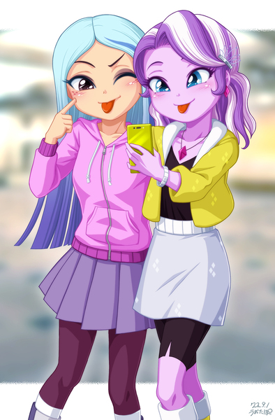 Size: 800x1217 | Tagged: safe, artist:uotapo, derpibooru import, diamond tiara, equestria girls, :p, andrea davenport, blushing, boots, child, clothes, compression shorts, crossover, cute, diamondbetes, duo, ear piercing, earring, female, glasses, hoodie, image, jacket, jewelry, jpeg, mobile phone, one eye closed, phone, piercing, selfie, shoes, skirt, smartphone, socks, stockings, the ghost and molly mcgee, thigh highs, tongue out, wink