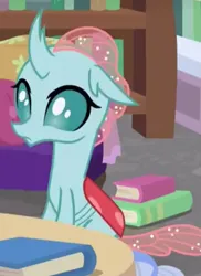 Size: 609x838 | Tagged: safe, derpibooru import, screencap, ocellus, changedling, changeling, what lies beneath, book, bookshelf, cropped, female, image, png, solo