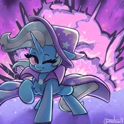 Size: 1171x1165 | Tagged: safe, artist:llametsul, derpibooru import, trixie, pony, unicorn, atg 2022, cape, chest fluff, clothes, cool guys don't look at explosions, cute, explosion, female, hat, image, looking at you, mare, monochrome, newbie artist training grounds, one eye closed, png, signature, smiling, smiling at you, solo, trixie's cape, trixie's hat, wink, winking at you