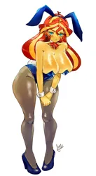 Size: 1702x3100 | Tagged: suggestive, artist:mrscurlystyles, derpibooru import, sunset shimmer, human, equestria girls, :<, big breasts, blushing, breasts, bunny ears, bunny suit, busty sunset shimmer, cleavage, clothes, cuffs (clothes), female, high heels, huge breasts, image, jpeg, looking at you, necktie, pantyhose, shoes, solo, solo female, wide hips