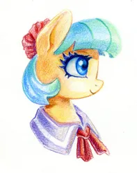 Size: 606x770 | Tagged: safe, artist:maytee, derpibooru import, coco pommel, earth pony, pony, bust, image, jpeg, portrait, profile, simple background, smiling, solo, traditional art, white background